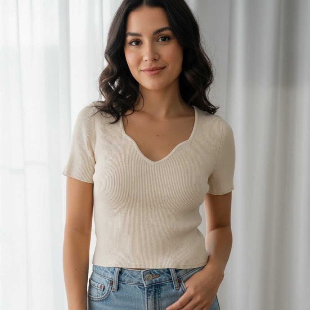 Beige Ribbed Knit Top